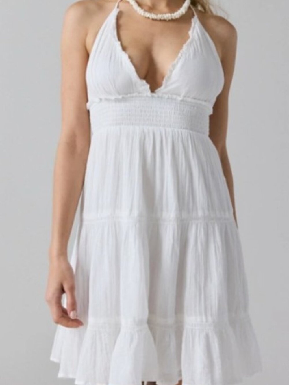 Cotton Flowy Open-Back Halter Knee Length White Dress